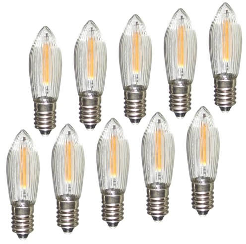 Erzgebirgslicht - AUSWAHL - 10 Stück LED Filament Topkerze 8 V 0,2 W für INNEN, für 28-30 Brennstellen E10 Riffelkerze Ersatzbirne Glühbirne Glühlämpchen für Lichterketten Pyramide Schwibbogen