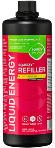 Squeezy Liquid Energy Refiller (Zitrone+Koffein) 1000 ml - Sport Energy Gel mit erhöhtem Wasseranteil für schnelle & dauerhafte Energie bei maximaler Verträglichkeit - ohne Nachtrinken
