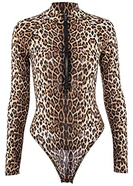 TTPSRY Body Damen Rollkragen Bodysuit Langarm Weich Stretchy Tops Leopard Print Slim Fit Sexy V-Ausschnitt Reißverschluss vorne Leotard Jumpsuit Perfekte Kleidung für Casual Partywear (S)