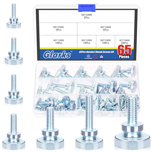 Glarks 65pcs M3 M4 M5 M6 M8 Knurled Thumb Screws, Fully Threaded Thumb Screw Bolts, Flat Knurled Head Thumb Screws Bolts, Shoulder Grip Knobs Fasteners for Electronic, Mechanical