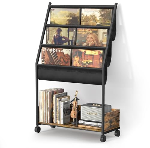 Supporto per Dischi in Vinile fino a 200 Album – Supporto a 3 Livelli con Ripiani Espositivi, Organizer Mobile per LP, Libri, Riviste, Sistema di Conservazione per Collezioni di Vinili Più Grande
