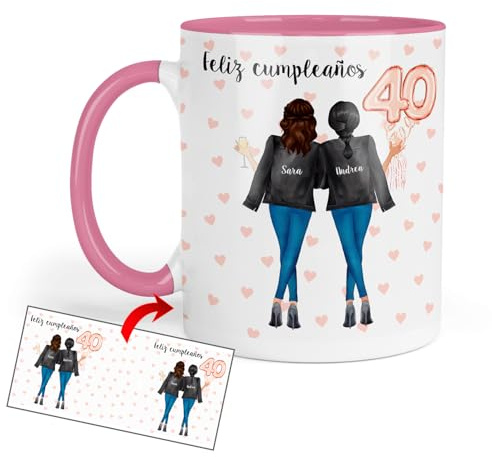 Kembilove® Taza Amigas Personalizada 40 Cumpleaños | Regalo Original con Nombres y Edad | Cerámica 330ml | Feliz Cumpleaños para Mujeres Especiales | Diseño de Caricatura