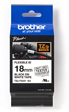 Brother TZe-FX241 Labelling Tape Cassette, Black on White, 18mm (W) x 8M (L), Flexible ID, Brother Genuine Supplies