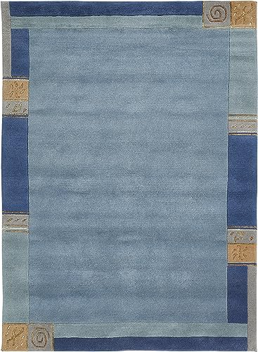 -LUXOR- living Teppich Wolle Manali, Nepalteppich, Kurzflor, handgeknüpft, Bordüre Wollteppich, für Schlafzimmer und Wohnzimmer, 70 x 140 cm Blau