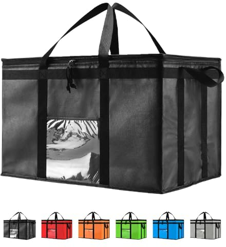 NZ Home Insulated Cooler Bag (79L, 3XL, 1 pack) for Food Delivery & Grocery Shopping with Zippered Top, Black
