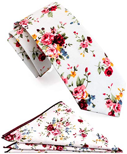 ZENXUS Herren-Krawatte, schmal, Blumenmuster, mit Einstecktuch, 6,3 cm, Baumwolle, handgefertigt, Weiß/Rosa, Narrow