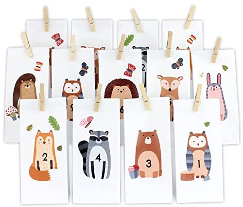 Papierdrachen DIY Adventskalender zum Befüllen - Waldtiere - Direkt zum Aufkleben und selber basteln - mit weißen Tüten und Klammern - Verschiedene Tiere