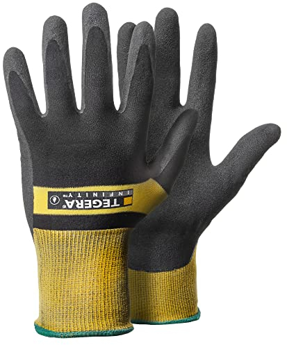 TEGERA® Infinity 8802 Synthetik-Montagehandschuh aus Nylon mit Nitrilschaum-Beschichtung, Wasserdichte Handflächen, 1 Paar, Schwarz/Gelb Größe 10