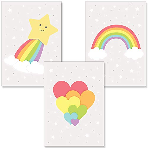 PREMYO Bilder Kinderzimmer Deko Mädchen Jungen - Regenbogen Poster Set Babyzimmer - Wandbilder Schlafzimmer Unisex A4