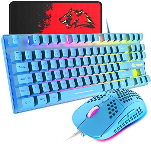 Gaming-Tastatur und -Maus, 88-Tasten-USB-Tastatur mit Hintergrundbeleuchtung in Regenbogenfarbe + programmierbare ultraleichte Gaming-Maus mit 6400 DPI für Computer PC PS4 PS5 Laptop Mac (blau)