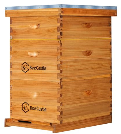 BeeCastle Bee Hive 10 Frame Complete Beekeeping Kit, Wax Coated Pine Frames & Foundations, 2 Deep & 1 Medium Hive Boxes, Brown, Wood, Bee, Animal Shelter