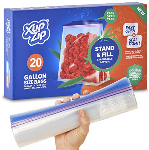XupZip Sacchetti per Congelatore per Alimenti di Alta Qualità, Riutilizzabili, in Plastica Resistente, Sigillo di Bambù Ermetico e Prova di Perdite, Senza BPA, Galloni / 4,55 L - 20 Sacchetti