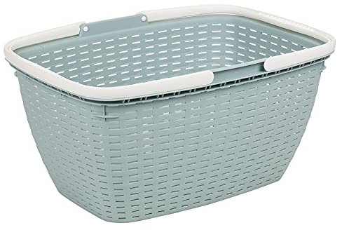 3 Colour Plastic Rattan Shopping Storage Carrying Basket Box with Folding Handle (Eggshell Blue)