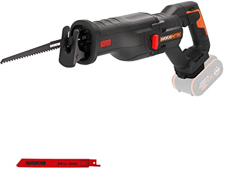 WORX WX516.9 NITRO - Sega a sciabola a batteria, 20 V, motore brushless, cambio rapido della lama, velocità di taglio variabile, luce LED, con lama per legno e metallo, senza batteria e caricatore