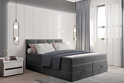 Lit Adulte 180x200 cm Prado - avec Rangement et Matelas Ressorts ensachés - Tissu Velours - Gris foncé