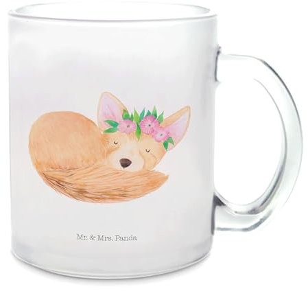 Mr. & Mrs. Panda Teetasse Wüstenfuchs Blumen - Geschenk, Teetasse aus Glas, Tasse mit Henkel, Glücklich, Glas Teetasse, Teebecher, Teeglas, Afrika,