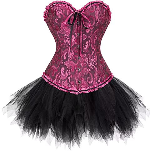 Josamogre Corset Femme Bustier avec Jupe Robe Tulle Sexy Lace Dentelle Floral Guêpière Lingerie Grande Taille Burlesque Rose Rouge 5XL