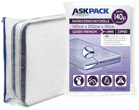 ASK Pack Housses de Protection pour Matelas avec Ancre Zip - Tailles XS à XXL Imperméable Ultra résistant à la déchirure Matériau jusqu'à 140µ Idéal pour Les Le Stockage et Le Transport 160x200 cm