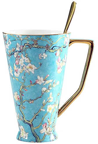 DECRZPB Handmade Ceramic Coffee Mug Almond Blossom Tea Cup Pottery Coffee Cup Oat Milk Mug Wedding Gift for Office and Home