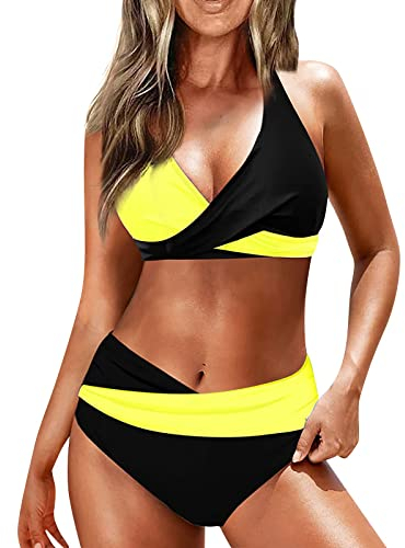 Bikini Damen Push Up Bikini Sets Hohe Taille Badeanzüge Über Kreuz Swimsuit Sets Sport Zweiteilig Bademode mit Kontrast Besatzt Crossover Bikinioberteil Bikini Damen Set Gelb XXL