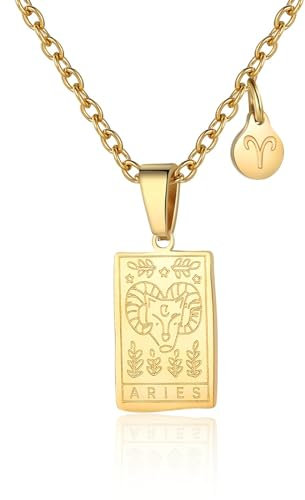 RIXERKOC Sternzeichen-Halskette für Frauen Konstellation Tarot-Karten-Anhänger Doppelseitig 18K Gold Edelstahl Sternzeichen-Schmuck Geschenke für Mädchen (Aries)