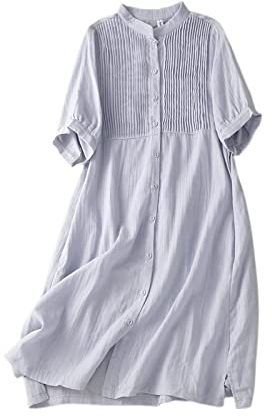 Damen Kleid, Loses Damen-Baumwoll-Leinen-Kleid, Sommer, Kurzarm, Brust, Plissee, Hemdkleid, Knopfleiste Mit Tasche, Boho Für Party, Bankett, Strandurlaub,Blau,XXL