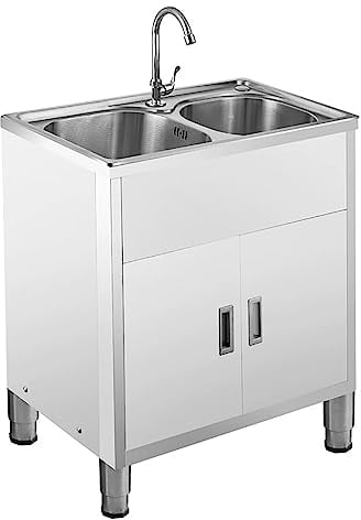Utility Sink Kitchen Sink Stainless Steel Freestanding Sink with Faucet and Storage Shelves with Drainer Unit for Outdoor Garage Commercial Restaurant Kitchen Laundry Room. ( Color : Hot and cold , Si