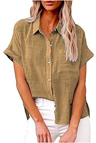 Damen Longshirt Sommer Damen Bluse Kurzarm Sommershirts Mode Lose Tunika Lose Knöpfe Oberteile Tshirt mit Kragen Kurz Ärmel T Shirt Tops Bunte V-Ausschnitte Elegant Damenblusen Hemdbluse