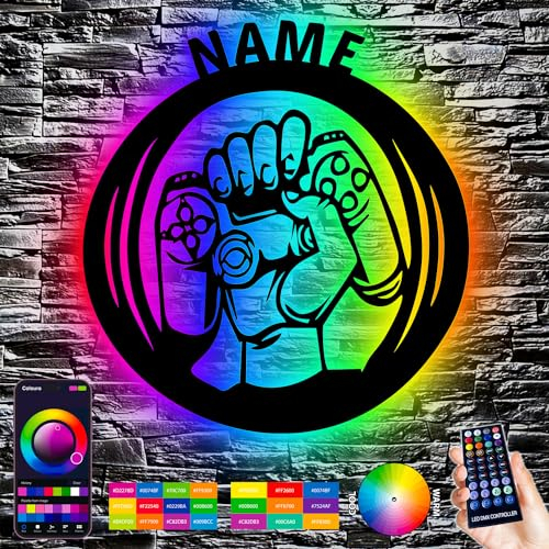 LEON FOLIEN Gamer Geschenke personalisiert I Zimmer Beleuchtung Wand Lampe in RGB LED I Gaming Zone Hand - für Videospiel Fans - Zockerbude - Aus MDF Holz