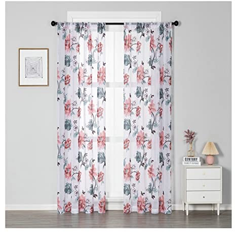 KnSam 2er Set Gardinen Rose Grün Weiß, Blumen Lichtdurchlässig Gardine Vorhänge ohne Bohren Wohnstil Vorhang Schlafzimmer Modern Baumwolle Leinen Polyester Kinderzimmer, 274x137cm(H x B)