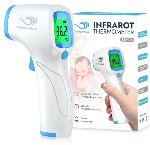BerkeMed Fieberthermometer Kontaktlos,Infrarot Stirnthermometer,Fieberthermometer Baby,für Babys Kinder und Erwachsene, Digital Thermometer Fieber,Sofortige Genaue Messwerte, LCD Anzeige,Weiß_Blau