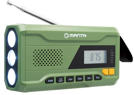 Manta RDI401G Solar Hand Crank Emergency Radio FM Radio with Portable 4500mAh Power Bank USB-C, Bright Flashlight and Reading Light for Household Emergency and Outdoor Survival, SOS Signal