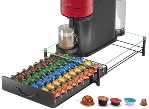 Porte-dosettes pour 50 capsules Nespresso Vertuo et 50 Dolce Gusto avec plateau en verre trempé, Tiroir organiseur multi-capsules pour Original, Lavazza Mio, Pratique et élégant (Noir)