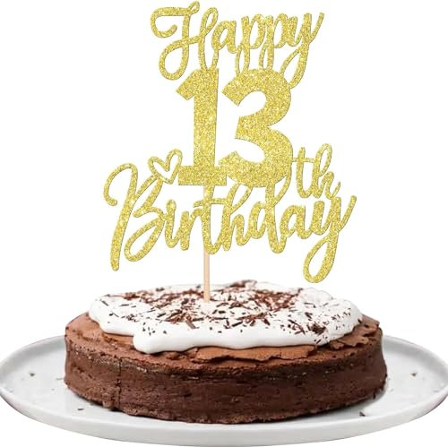 SYKYCTCY 1 Pack Happy 13th Birthday Cake Topper Gold Glitter Cheers to 13 Years Birthday Cake Pick 13 Fabulous Cake Decoration for Happy Birthday Theme Anniversary Party Supplies