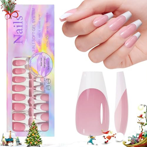 French Gel Nail Tips, 150pcs Medium Coffin Press on Soft Gel Fake Nails, 3 in 1 X-coat Pre-Applied Tip Primer & Base Coat, 15 Sizes for DIY Nail Extension, No Filing Required (HJ-NT087-01)