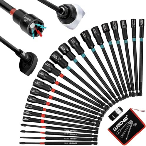 LLNDEI 23PCS Magnetic Nut Driver Set, SAE|1/4-9/16| and Metric|6-15mm| Impact Driver Bit Set for Drill, Extra Long Design with Bit Holder, 1/4 Hex Shank, for Auto Maintenance&Furniture Assembly
