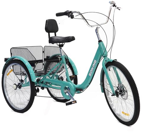 UPIKIT Klappbares Pedal-Dreirad Für Erwachsene 24-Zoll-Fahrrad Mit Korb 7-Gang-einstellbares Dreirad Für Senioren Haushalt Tägliches Fahren Einkaufen,Green