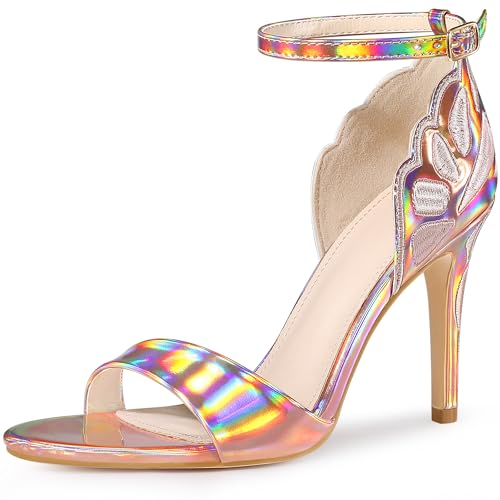 Allegra K Women's Embroidered Strap Stiletto Heel Sandals Rose Gold US 9/UK 7/EU 40