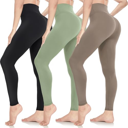 ACTINPUT Leggings Damen High Waist Leggins Blickdicht Sportleggings Lang Elastische Yogahose Laufhose Für Sport Gym Yoga(Schwarz/Hellgrün/Taupe,S-M)