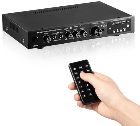 SOBATTY Bluetooth 5.1 Receptor AV de Amplificador Audio HiFi estéreo de 6 Canales, BT FM Radio Portátil Auto Home 12 V/220V, RMS 100W x 3 con +3x25W Mando a Distancia Audio Amplificador