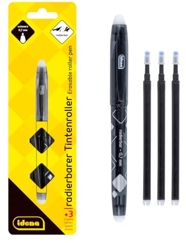 Idena 10860 - Tintenroller mit radierbarer 0,7 mm Mine in Schwarz, Gelschreiber inkl. 3 Ersatzminen