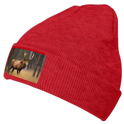 Beanie-Mütze mit Wildtier-Motiv Hirsch, Bär, Elch, für Damen und Herren, Wintermütze, Strickmütze, Herrenmütze, randlose Mütze, Skater-Mütze, rot, One size