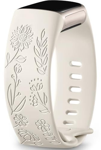 Epova Sonnenblume Gravierte Armband kompatibel mit Fitbit Charge 6 Armband/Fitbit Charge 5 Armband Damen Herren, Weiche Sport Silikon Ersatzarmband für Charge 6 Armband/Charge 5 Armband