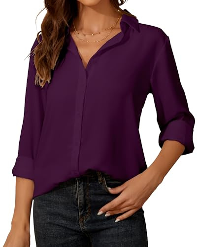 Blusa de gasa para mujer con botones y cuello de manga larga, fucsia, L