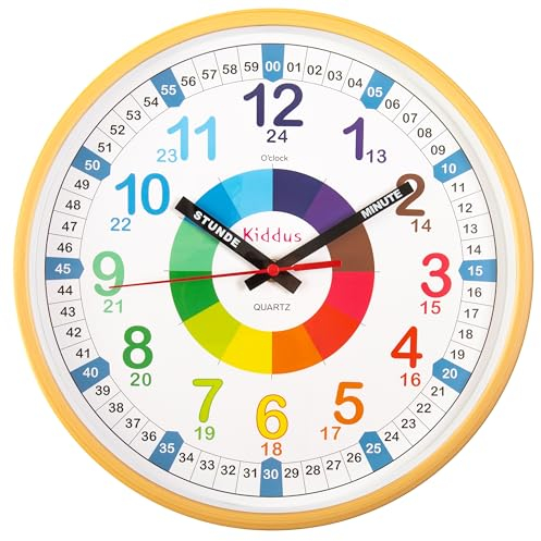 Kiddus Kinder Wanduhr, Jungen und Mädchen, Analoger Lernuhr mit Zeitlernübungen, Kinderwanduhr Ohne Ticken, Kinderzimmer Lautlose, Schule, Uhrzeiger Deutsch