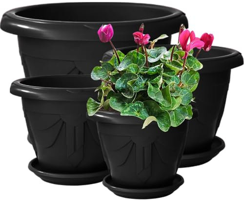 VR7 Plastic Planters Flower Pots with Drainage Holes & Saucers for Indoor/Outdoor Use 24cm - Set of 2 Modern Decorative Planters Black
