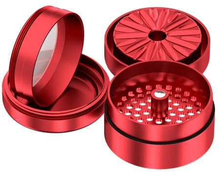 Premium Toothless Grinder Hollywood Rot | Zahnlos | Aluminium in Raumfahrtqualität | 4 – teilig | Blüten (Flower) Mühle (Mill) | Inkl. Feinsieb & Pollenfach | Original California's Choice