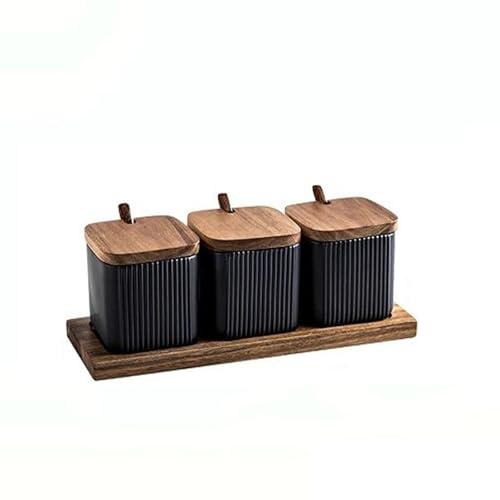 MIATTCLD Viereck Keramik Gewürzgläser, 3 Stk Gewürzdosen Vintage Zuckerdose mit Bambus-Deckelund Löffel, 11.83 oz/350ml Gewürzständer Küchenbehälter für Salz Kaffee Tee Gewürze Zucker