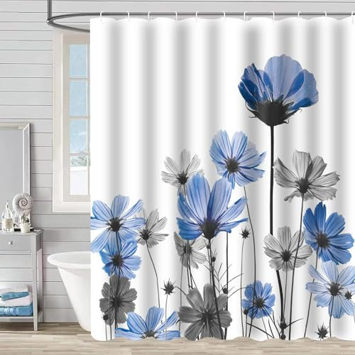 FAIRYGATE Duschvorhang Textil Waschbar Duschvorhang 180x180 Pflanzen Badezimmer Textil Vorhang Schimmel Resistent Stoff Waschbar Blau Blätter Polyester Shower Curtain Polyester Stoff B9909