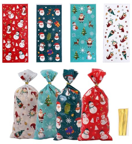 Plätzchentüten, 100 Stück Kekstüten Weihnachten, Weihnachtstüten zum Befüllen, Cellophantüten Tüten zum Befüllen, Geschenktüten Weihnachten für Kekse, Schokolade, Süßigkeiten